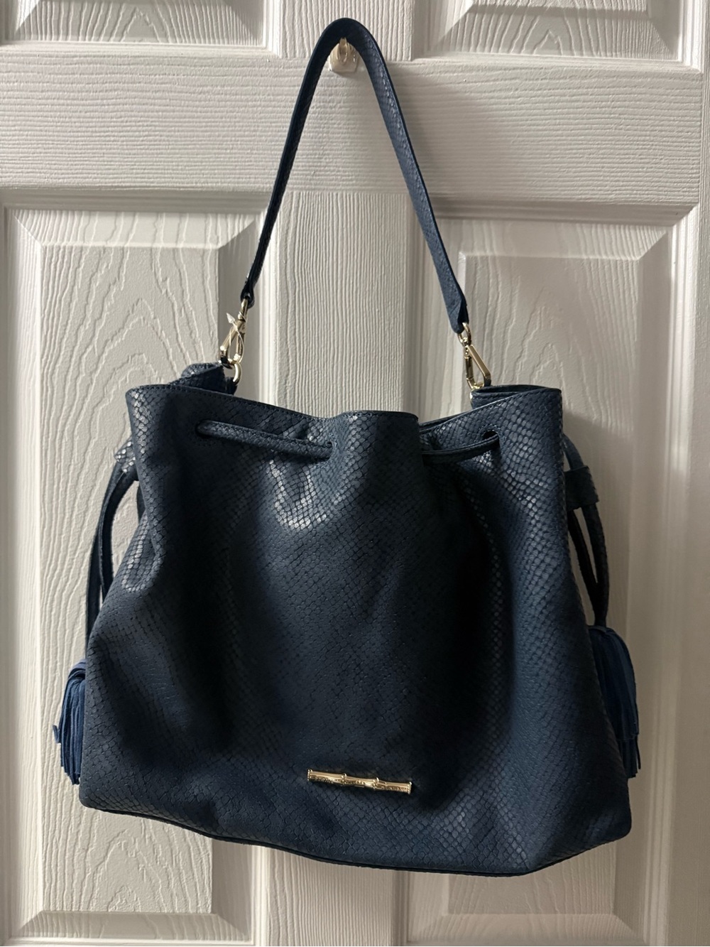 🆕 Elaine Turner Rosie Bucket Bag snakeskin-embossed leather Vintage Navy